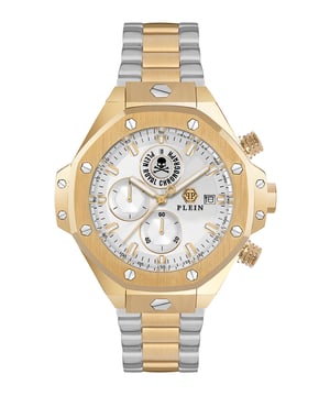 This Philipp Plein Plein Chrono Royal Chronograph Watch for Men is the perfect timepiece to wear or to gift. It's Multicolour 46 mm Round case combined with the comfortable Multicolour Stainless steel watch band will ensure you enjoy this stunning timepiece without any compromise. Operated by a high quality Quartz movement and water resistant to 5 bars, your watch will keep ticking. Plein Chrono Royal 46 mm relits its dominance this season. This Chronograph watch has a calendar function: Date as well as Stop Watch , Luminous Hands and Luminous Numbers High quality 21 cm length and 17 mm width Multicolour Stainless steel strap with a Deployment clasp Case diameter: 46 mm,case thickness: 13 mm, case colour: Multicolour and dial colour: Silver