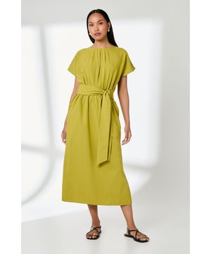 Elegant midi dress featuring a distinctive stripe pattern and flattering tie waist detail
        Relaxed crew neckline with subtle gathering for a feminine touch
        Short, kimono-style sleeves offering comfortable movement
        Self-fabric belt that cinches the waist for a customisable fit
        Versatile midi length perfect for day-to-evening transitions
    
    This Principles Stripe Tie Waist Midi Dress combines effortless style with everyday comfort. The relaxed silhouette with its gathered neckline creates a soft, flowing effect whilst the tie belt defines your waistline beautifully. As seen on our model, pair with minimal flat sandals for a casual daytime look that's perfect for weekend brunches or family gatherings. For cooler days, layer with a lightweight cardigan or denim jacket and trainers. The woven fabric drapes elegantly, making this dress a reliable option for your casual wardrobe. Its versatility shines when accessorised with simple jewellery and a crossbody bag for shopping trips or casual meet-ups with friends. The timeless design ensures this piece will remain a wardrobe favourite season after season.