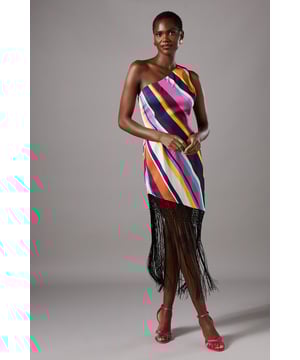Striking one-shoulder design with asymmetric neckline for a contemporary silhouette
        Bold diagonal stripe pattern creates a flattering visual effect
        Luxurious satin fabric that catches the light beautifully
        Statement ladder fringe hem detail adding movement and drama
        Fitted bodice transitioning to a flowing maxi length for elegant proportions
    
    Make an unforgettable entrance in this show-stopping Coast maxi dress. The sophisticated one-shoulder design combines with vibrant diagonal stripes to create a truly head-turning look. The satin fabric drapes beautifully across the figure, whilst the dramatic ladder fringe detail adds playful movement with every step. Perfect for summer weddings or race day events, this dress requires minimal accessorising-simply pair with strappy heels as shown and statement earrings for maximum impact. For cooler evenings, drape a lightweight pashmina over your shoulders. The versatile design works brilliantly for both daytime celebrations and evening soires, ensuring you'll stand out for all the right reasons whilst maintaining that coveted air of effortless sophistication that Coast is renowned for.