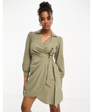 Dresses by Miss Selfridge Best dressed: secured Spread collar Wrap front Long sleeves Tie waist Regular fitSold By: Asos