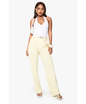 Slim-fit design with a flattering straight leg silhouette
        Sleek belt loops with a thin belt detail for a polished finish
        High-rise waistband for a figure-enhancing fit
        Smooth fabric with slight stretch for all-day comfort
        Clean-cut trouser styling perfect for versatile day-to-night wear
    
    These sophisticated straight-leg trousers from boohoo combine contemporary style with effortless versatility. The slim fit contours your silhouette whilst the straight leg offers a timeless appeal that works brilliantly for evening occasions. Style them as shown with a halterneck bodysuit and strappy heels for a chic night out ensemble, or pair with a cropped blazer and statement jewellery to command attention at after-work drinks. The clean lines and minimalist design make these trousers an essential foundation piece for your going-out wardrobe. Their subtle elegance allows for endless styling possibilities-dress them up with a sequined top for club nights or keep it understated with a silky camisole for cocktails with friends. These trousers transition seamlessly from early evening gatherings to late-night dancing.