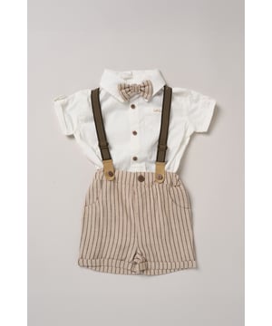 Dress your little one to impress with this delightful set from Little Gent. Featuring a shirt, bowtie, and shorts with attached braces. Perfect for special occasions or stylish outings, your little one will look effortlessly dapper and be ready to steal the spotlight!