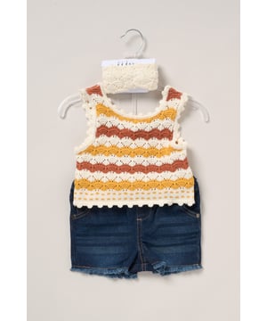 This adorable set by Miss includes a true knit top, denim shorts, and a matching headband. Perfect for warm days, it combines style and practicality, making it an ideal choice for playdates, outings, or casual summer looks.