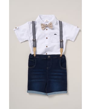 Dress your little one to impress with this delightful set from Little Gent. Featuring a shirt bodysuit, bowtie, and shorts with attached braces. Perfect for special occasions or stylish outings, your little one will look effortlessly dapper and be ready to steal the spotlight!