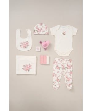 Celebrate the arrival of their little one with the 10-Piece Gift Set from Rock A Bye Baby Boutique. This adorable bundle includes a  printed bodysuit, footed trousers, bib, hat, washcloths and a cosy blanket. Complete with a plush toy for cuddly companionship and a gift card for a personal touch. Made from 100% cotton and packaged elegantly in a mesh bag.