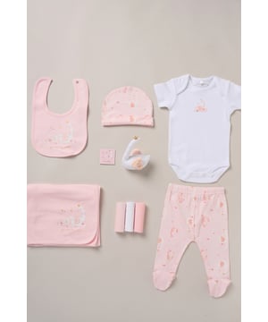 Celebrate the arrival of their little one with the 10-Piece Gift Set from Rock A Bye Baby Boutique. This adorable bundle includes a  printed bodysuit, footed trousers, bib, hat, washcloths and a cosy blanket. Complete with a plush toy for cuddly companionship and a gift card for a personal touch. Made from 100% cotton and packaged elegantly in a mesh bag.