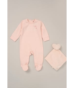 Soft, simple and snuggly. This all-in-one from DKNY is crafted from 100% cotton for gentle comfort against delicate skin. With easy fastenings and a cosy feel, it’s a perfect everyday essential for little ones on the move or at rest. Comes complete with a matching comforter for added snuggles.