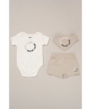 Designed for sunny days and busy babies, this 3-piece set from DKNY includes a cotton bodysuit, comfy shorts and a coordinating bib. A great go-to for playdates and mealtimes, it offers soft comfort and cute style in one. 100% cotton.