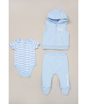 Designed for warmer days, this 3-piece set from DKNY includes a soft short sleeve bodysuit, lightweight cotton-blend leggings, and a sleeveless hooded gilet - perfect for layering through Spring and Summer. Whether you're heading out or staying in, it’s a comfy, breathable choice for everyday wear.