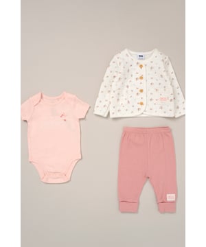 This soft and breathable 3-piece set from DKNY includes comfy cotton blend trousers, a short-sleeve bodysuit, and a coordinating cardigan - perfect for layering through Spring and Summer. Whether you're heading out or staying in, it’s a versatile everyday outfit for little ones.