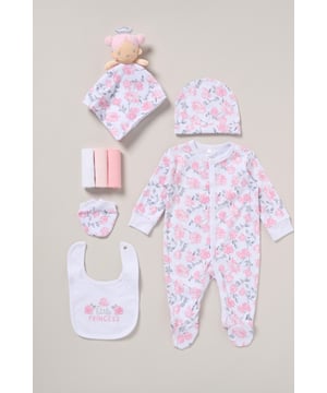 This Rock a Bye Baby Boutique eight-piece set features an adorable floral theme print on each item. The set includes an all in one, mitts, a hat, matching bib, cuddly princess toy, and three washcloths. Each item in the set is cotton with popper fastenings, keeping your little one comfortable. This set is the perfect gift set for the little one in your life.