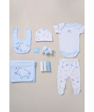 Celebrate the arrival of their little one with the 10-Piece Gift Set from Rock A Bye Baby Boutique. This adorable bundle includes a  printed bodysuit, footed trousers, bib, hat, washcloths and a cosy blanket. Complete with a plush toy for cuddly companionship and a gift card for a personal touch. Made from 100% cotton and packaged elegantly in a mesh bag.