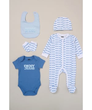 The perfect gift or everyday essential, this 5-piece set from DKNY includes a cosy all-in-one, soft bodysuit, matching hat, mittens and bib. The cotton rich blend is gentle on delicate skin and ideal for layering during cooler months. A complete outfit for your little one.