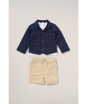 Dress your little one in style with this smart yet comfortable set from Little Gent! Featuring a button-up suit jacket, T-shirt, and matching shorts, this outfit is perfect for special occasions or casual outings. It ensures your little one looks sharp and feels relaxed all day long!
