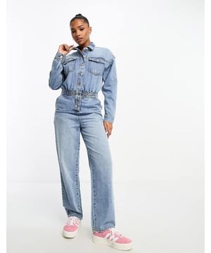Jumpsuits & Playsuits by Miss Selfridge Your no effort, effort-maker Spread collar Partial button placket Long sleeves Functional pockets Straight leg Regular fitSold By: Asos