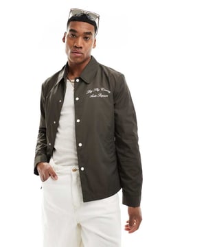 Jackets & Coats by ASOS DESIGN Mid-season layering Spread collar Press-stud placket Text print to chest and back Side pockets Regular fitSold By: Asos