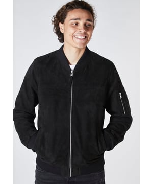 Bomber jacket from Bolongaro Trevor in soft real suede. This classic bomber features bomber rib neck, classic MAI pocket, side welt pockets, rib cuffs and hem. This jacket has all the quintessential markers of a great leather jacket.
Our model is 187 cm tall and is wearing size M