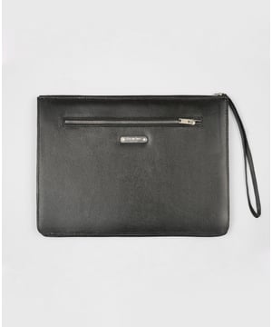 Leather clutch bag with zip pocket and metal logo placket.
- Hard back
- Grain leather
- Zip closure
- Zip pocket to front
- Metal logo placket
- Zipper handle
- 100% real leather
- Wipe clean only
