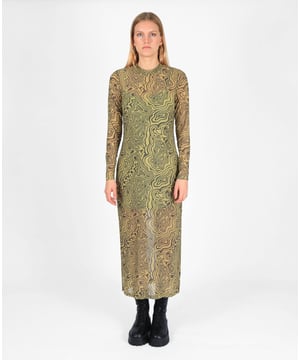 The Veil Mesh Midi Dress from Bolongaro Trevor brings a touch of mystery and allure to your wardrobe. This printed long sleeve mesh dress, complete with side slits and a mock neck, is designed for those who appreciate a blend of elegance and edge.Allover Print Features a captivating allover print that adds depth and intrigue to the dress. Elegant Mock Neck.  The mock neck provides a refined silhouette, balancing the daring side slits and body-skimming fit. Layered with a Slip Dress comes with a slip under-dress for added coverage, creating a perfect balance of delicate transparency and sophistication.