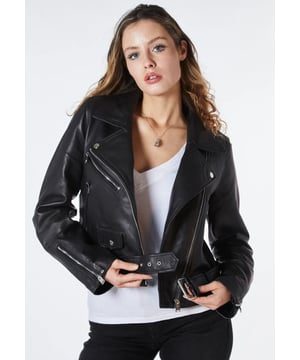 Biker jacket from Bolongaro Trevor in soft real leather. This classic biker features a notch lapel, asymmetric front, zip pockets, coin pockets and attached belt. This jacket has all the quintessential markers of a great leather jacket. 
Our model is 169 cm tall and is wearing size S
