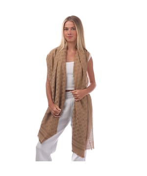 Midweight jacquard oblong scarf wool blend featuring an all-over outline monogram with eyelash fringes.