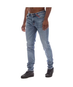 Mens Diesel 1979 Sleenker Low-Rise Skinny-Fit Jeans in denim.- 5-pocket construction. - Zip fly and button fastening.- Six belt loops on the waistband.- Top stitch detail.- Branded strip across small pocket.- Brand patch at front brand logo embroidery at back.- Faded.- Skinny fit. - 96% Cotton  3% Elastomultiester  1% Elastane.- Ref: A0359609H6801