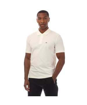Mens C.P. Company Stretch Piquet Logo Polo Shirt in white.- Polo collar.- Short sleeves with ribbed cuffs.- Two button fastened placket.- Logo patch at the chest.- Split hem to the sides.- Straight hem.- 95% Cotton  5% Elastane.- Ref: 18CMPL065A103