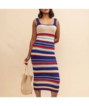 Women's Nobodys Child Fearne Cotton Stripe Midi Dress. The collaboration you’ve all been waiting for is back: Nobody’s Child x Happy Place by Fearne Cotton. Like a ray of wearable sunshine, this collection beams with joy. We’re obsessed with this mock crochet midi for summer. It comes in red, blue and cream and is perfect to throw on over a bikini for that pool day you’ve got planned or a day in the old town. Elevate yours with barely-there sandals or dial the look down with your favourite beach bag.- Thick straps.- Crochet style.- Machine knitted.- Designed for a close cut. Material: 100% Organic Cotton. Ref: D241099MLT.
