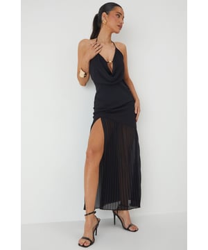 Striking cowl neckline with delicate shell trim detail for a luxurious touch
        Figure-hugging silhouette with a dramatic side slit for confident movement
        Halterneck design with tie fastening for an adjustable, secure fit
        Elegant pleated hem creates beautiful movement and dimension
        Maxi length offering a sophisticated yet daring evening profile
    
    Command attention in this showstopping MissPap maxi dress, designed to turn heads at any nighttime venue. The alluring cowl neckline drapes beautifully across the dcolletage, while the body-contouring fit celebrates your silhouette with confidence. The contrast between the structured bodice and flowing pleated hem creates a captivating silhouette that moves gracefully as you dance. Style with strappy heels and statement gold jewellery as seen on our model for maximum impact at cocktail parties or club nights. The dramatic side slit adds a tantalising glimpse of leg, perfect for those evenings when you want to be the centre of attention. This versatile piece transitions effortlessly from upscale bars to dance floors, ensuring you're dressed to impress for any night out adventure.