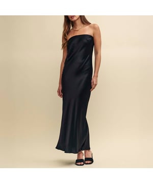 Women's Nobodys Child Madeline Satin Bandeau Midi Dress. This black bandeau dress channels 90s minimalism. Expertly crafted from satin made from a responsible viscose blend, the shape is designed to trace your frame before kicking out with a fluid midi hem. Elevate yours with barely-there sandals.- Concealed zip fastening.- Bias cut. Material: 53% Ecovero™ Viscose, 47% Viscose. Ref: D232506BLU.