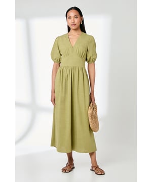 Elegant V-neckline with gathered detail for a flattering silhouette
        Puff sleeves with gentle volume add a contemporary touch
        Defined waistline creates a feminine shape
        Practical side pockets for everyday functionality
        Midi length offers versatile styling options for various occasions
    
    This linen-look midi dress from Principles combines effortless style with day-to-day comfort. The flowing silhouette skims the body beautifully while the gathered waist detail creates definition in all the right places. Style with flat sandals and a woven bag for farmers' markets and weekend brunches, or dress up with espadrille wedges and statement earrings for garden parties and casual gatherings with friends. The breathable cotton-blend fabric makes this an ideal choice for warmer weather, whilst the versatile design transitions seamlessly from city strolls to countryside escapes. Perfect for packing on your next holiday, this fuss-free piece will quickly become a cornerstone of your warm-weather wardrobe.