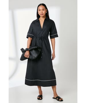 Collared midi dress with striking contrast piping detail along the hem and sleeves
        Flattering drawstring waist design that creates a defined silhouette
        Practical side pockets for everyday functionality
        Relaxed elbow-length sleeves with contrast trim finish
        Crafted from breathable cotton poplin fabric for all-day comfort
    
    This versatile Principles midi dress combines casual comfort with refined style. The classic collared neckline and V-front opening create a flattering frame, while the drawstring waist allows for an adjustable fit that complements your figure. The contrast piping detail adds a contemporary twist to this timeless silhouette. Style with flat sandals and a woven tote bag for weekend brunches, or dress up with espadrille wedges and statement earrings for garden parties. The breathable cotton fabric makes it ideal for warm-weather outings, whilst the midi length ensures it remains appropriate for family gatherings. For cooler evenings, layer with a lightweight denim jacket and switch to ankle boots for an effortless transition into autumn dressing. This fuss-free piece will quickly become a cornerstone of your casual wardrobe.