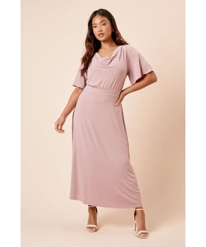 Elegant cowl neckline creates a soft, draped effect at the front
        Flutter sleeves add a feminine touch and gentle movement
        Flattering midi length falls elegantly below the knee
        Tie-back detail creates a customised fit and adds visual interest
        Defined waistline creates a figure-enhancing silhouette
    
    This Dorothy Perkins midi dress combines comfort with sophistication through its graceful cowl neckline and flowing silhouette. The delicate flutter sleeves provide just the right amount of coverage whilst maintaining a light, airy feel. The tie-back detail allows for a personalised fit that accentuates your waistline beautifully. Style with simple strappy sandals and minimal jewellery for casual brunches with the girls, or dress it up with block-heeled ankle boots and a structured crossbody bag for family gatherings. The versatile design makes it perfect for baby showers or afternoon tea, where you can pair it with a lightweight cardigan and ballet flats for a polished yet comfortable ensemble. This dress transitions effortlessly from daytime casual to evening drinks with a simple change of accessories.
