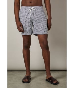 Classic mid-length swim shorts with all-over geometric print
        Comfortable adjustable drawstring waist for the perfect fit
        Quick-drying woven fabric ideal for beach and poolside wear
        Side pockets for convenient storage of small essentials
        Relaxed fit design offering ease of movement during activities
    
    These Burton swim shorts combine practicality with understated style for the modern man who values both comfort and classic design. The distinctive geometric print adds visual interest without being overly bold, making these shorts versatile enough for various summer settings. Pair with a plain white t-shirt and casual shirt as shown for a relaxed beachside lunch, or simply throw on with your favourite sunglasses and flip-flops for a day by the pool. The adjustable waist ensures all-day comfort whether you're swimming, playing beach volleyball, or enjoying a casual barbecue with mates. These shorts transition effortlessly from daytime water activities to evening drinks at a beachfront bar, making them an essential addition to your holiday wardrobe and weekend outings throughout the summer months.