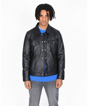 Embrace the rugged charm of the Western Trucker Jacket by Bolongaro Trevor. This worker-style leather jacket features classic elements designed for both functionality and style, making it a versatile addition to any wardrobe. Crafted from super soft leather for unmatched durability and a premium feel. Revere collar adds a touch of sophistication to the rugged design.