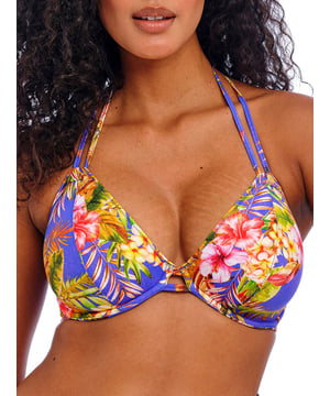Freya Tiger Valley Halterneck Bikini Top. Underwired non padded swimwear top with a halterneck tie, low plunging neckline, powernet lined cups for shaping and support and gold scallop shell charms. This product is recommended as hand wash only.