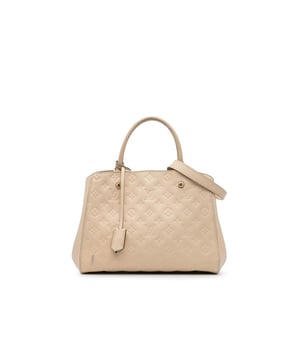 The Montaigne MM features a monogram empreinte leather body rolled leather handles a detachable flat leather strap an open top with lobster claw closure and interior zip and slip pockets.Brand: Louis VuittonCondition: Pre-lovedType: SatchelRating: B+Main Material: LeatherDimensions (LxWxD): 23x34x12Strap Drop: 37Handle Drop: 12.5Comments: Exterior Back Scratched Worn. Exterior Corners Worn. Embellishment Scratched. Exterior Front Worn. Exterior Handle Worn. Interior Lining Worn. Zipper Scratched.