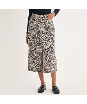 Womens Nobody's Chile Leopard Print Denim Column Midi Skirt in brownEveryone’s favourite neutral. This leopard print denim column skirt is soon-to-be trending. Sitting high on the waist with a fitted shape that skims the figure  plus a front slit  this is comfort with a stylish twist. We’re wearing ours with a black top and loafers.- Classic five pocket style- Silver-tone NC buttons- Belt loops- Size tip: we recommend your usual size- 100% Organic cotton.  Machine washable.- Ref: B250125BRN