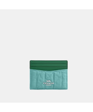 Slim ID Card Case in Colored Quilted Denim, Exclusive of trim, this denim style is crafted of cotton sourced from farms that use regenerative agricultural practices—those that help to maintain and rejuvenate land, increase biological diversity and soil health and could lead to increased carbon absorption, Three credit card slots
 ID window,  Length: 10.00 cm,  Height: 7.50 cm