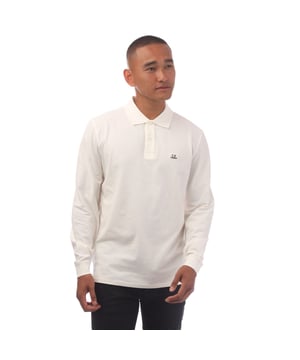 Mens C.P. Company Stretch Piquet Long Sleeve Polo Shirt in white.- Ribbed polo collar.- Two buttons placket.- Long sleeves with ribbed cuffs.- Branding embroidered on the chest.- Side slit hems.- Regular fit. - 95% Cotton  5% Elastane.- Ref: 18CMPL061A103