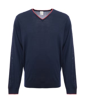 The Paul Smith men?s V-neck pullover in navy is crafted from 100% merino wool, providing a soft, warm, and comfortable feel. The knitted design adds a classic and sophisticated touch, making it suitable for both casual and formal occasions. The navy color is versatile and timeless, easily pairing with various outfits.