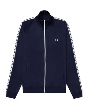 Fred Perry Carbon Blue Zip Up Jacket, 54% Polyester 46% Cotton, Taped Hem. Zip Closure, Blue Jacket, Branding Along Sleeves, Carbon Blue Track Jacket