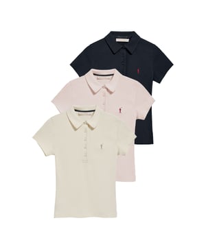 Kurzärmliges Damen-Poloshirt im Slim Fit aus Baumwolle und Elasthan. Unsere Poloshirts Pereira haben eine frontale Knopfleiste mit fünf perlmuttfarbenen Knöpfen, die farblich auf das Kleidungsstück abgestimmt sind. Kragen und Ärmelbündchen aus Feinstrick für einen femininen, modernen Look. Kleine Öffnungen an den Enden der seitlichen Nähte. Rigby Go Stickerei auf der Brust und personalisierte Nahtbänder. 
