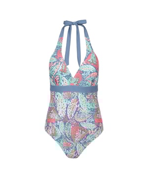 Außenmaterial (%): 85% Polyester, 15% Elastan. Futtermaterial (%): 100% Polyester. Gewebe: Stretch. Design: Gemustert. Tiefer V-Ausschnitt, Neckholder. Krawatten-Kragen. Gewebetechnik: Chlorbeständig, Leicht, Schnell trocknend. Abnehmbare Cups.
