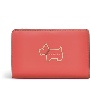 Womens pink Radley heritage dog outline purse. Featuring: zip closure, popper section, gold hardware, multiple card compartments and height 9cm x width 14cm x depth 3cm.