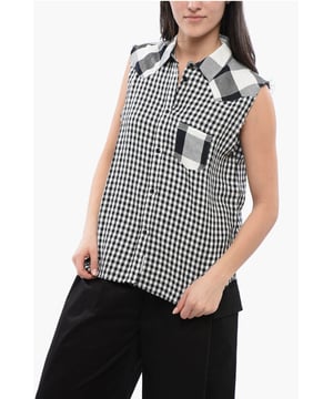 Primavera-Verano, Cuello francés, Blanco y negro, Diseño de cuadros, Bolsillo en el pecho, Sin mangas, Cierre delantero, Botones