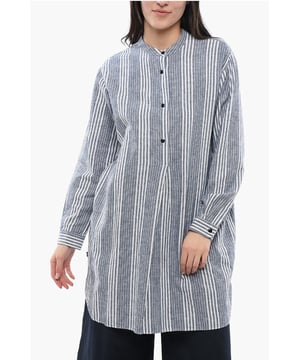 Primavera-Verano, Cuello chino, Azul claro, Rayas, Botones, Mangas largas, Mangas con botones, Hecho en Portugal, Cierre delantero