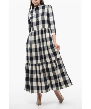 Frühling-Sommer, Blau, Knöpfe, Casual, Grau, Weiß, Karo-Design, 3/4 Ärmel