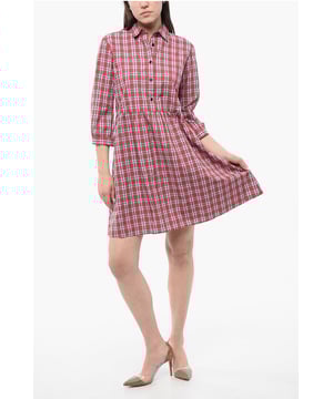 Frühling-Sommer, Rot, 3/4 Ärmel, Karomuster, Knöpfe, Ausgestellter Rock, Casual