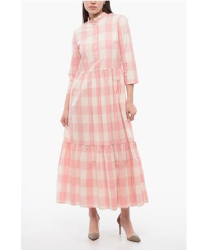Frühling-Sommer, Rosa, Lange Ärmel, Karomuster, Knöpfe, Weiß